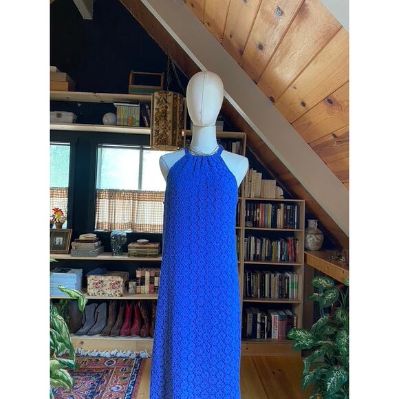 Crochet Eyelet Dress Halter Midi Blue - Picture 9 of 9